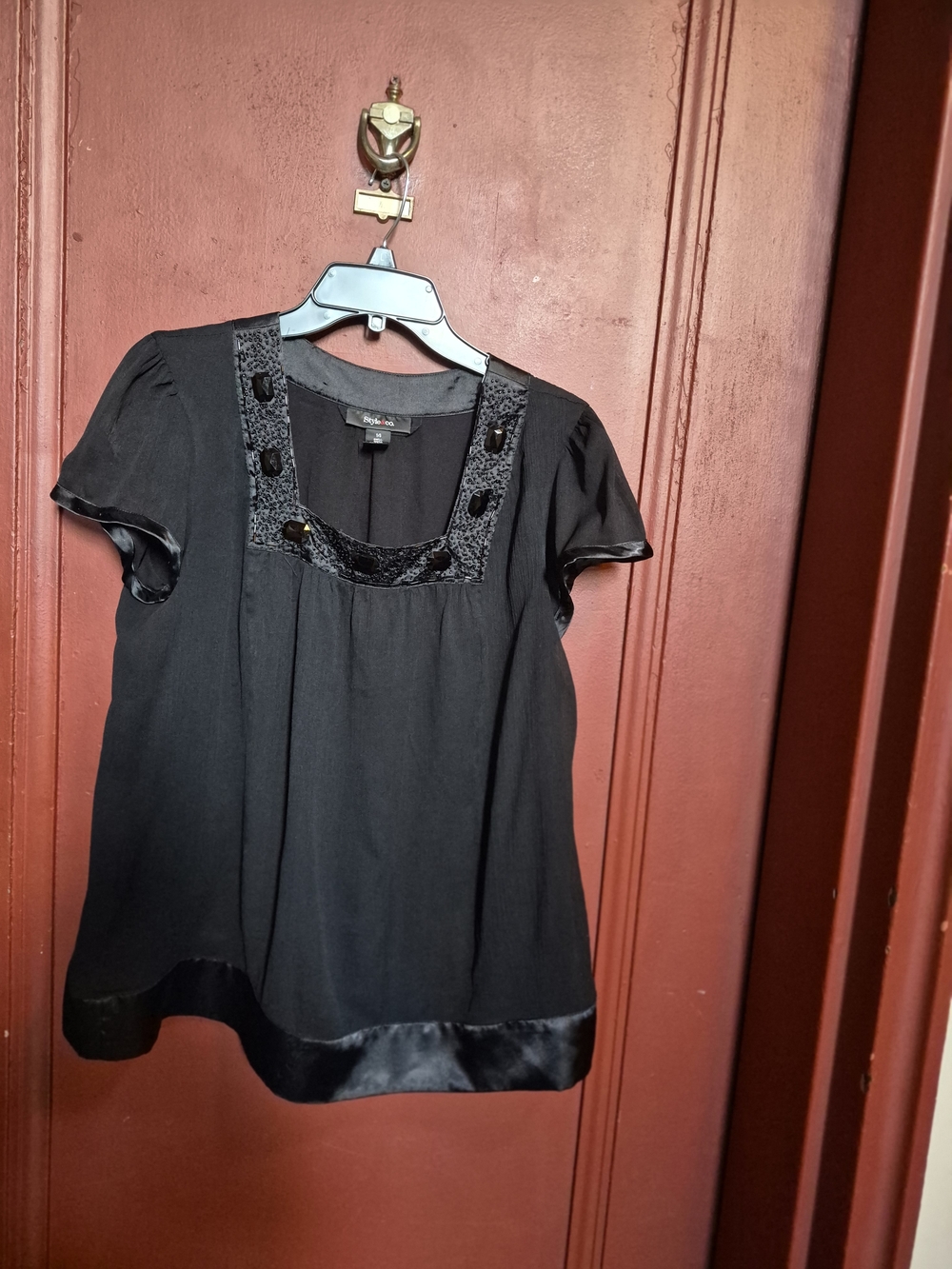 Styles & CO Black Square-Neck Rhinestone Decor Short Sleeve Women's Blouse SZ 14